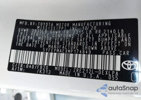 2021 Toyota Corolla Le z USA, uszkodzony, nr VIN 5YFEPMAEXMP174849